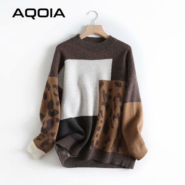 

aqoia streetwear patchwork long sleeve women pullover leopard knitted ladies warm sweater 2019 fashion winter thick clothing, White;black