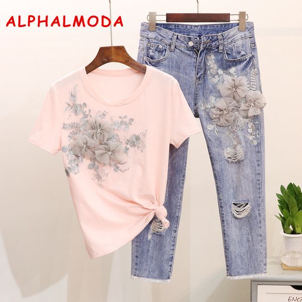 

alphalmoda heavy work embroidery flower tshirts + jeans women summer 2pcs fashion suits vogue stylish european fashion sets, White
