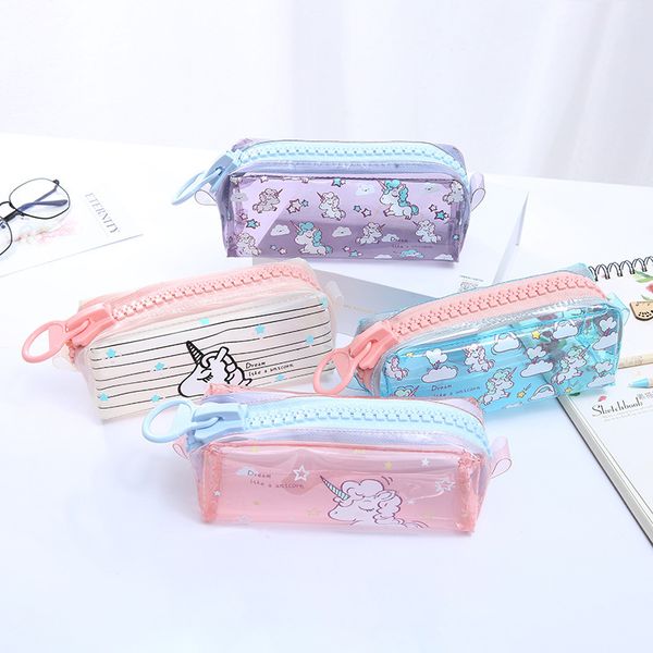 

cartoon unicorn cute day clutches student pencil case large zipper transparent pvc large capacity storage bag