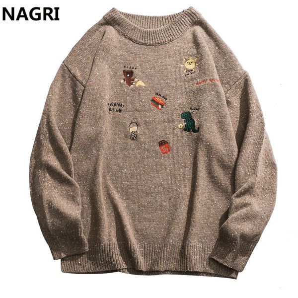 

cartoon embroidery dinosaur bear pullover knitted sweaters harajuku casual warm knitwear jumper hip hop streetwear sweater, White;black