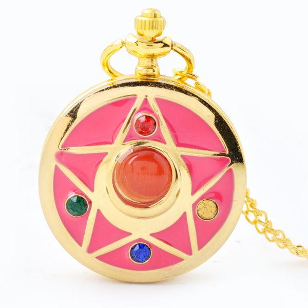 

girl pink pocket watch gold sailor moon anime cartoons quartz pocket watch analog pendant necklace womens watches, Slivery;golden