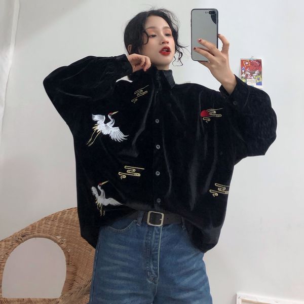 

2019 women vintage stand collar embroidery velvet loose lover blouse shirt women pleats chic blusas kimono femininas, White