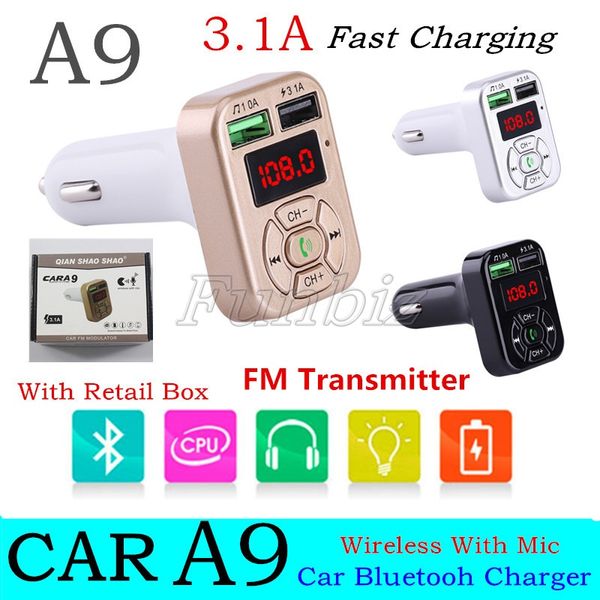 Transmissor FM Adaptador FM Universal A9 Bluetooth Car Charger com Dual USB Adapter Handfree MP3 Player Suporte TF Com pacote de varejo