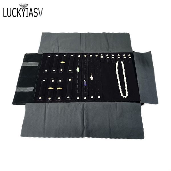 

portable black velvet jewelry display set rolls travel organizer bag foldable for earrings ring chain pendant necklace storage, Pink;blue