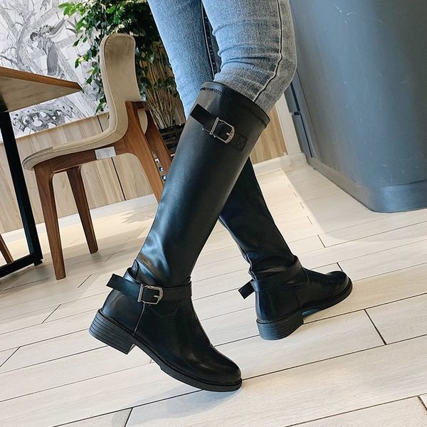 

long boots woman 2019 circle head coarse with skinny low with increase down knight boots, Black