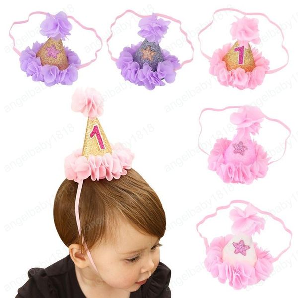 Baby-Kind Geburtstagsfeierhut Stirnbänder Fotografie Props Glitter Pailletten Prinzessin Kopfschmuck Blumen Haarbänder Kid Haarschmuck