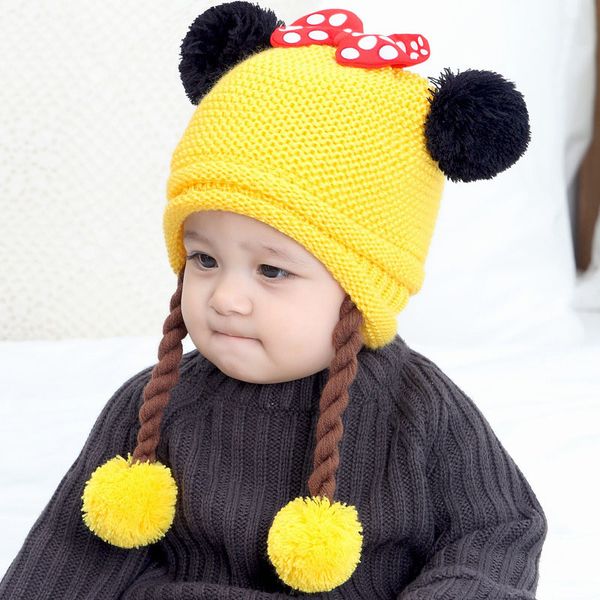 

newborn baby knitting hat solid hat ear protection caddice caps girls winter caps autumn winter hats 07, Yellow
