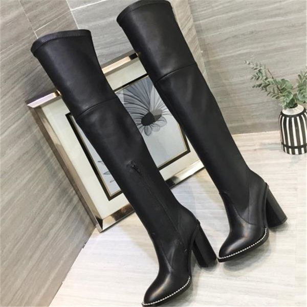 

роскошные женщины обувь мода роскошные дизайнерские женская обувь коренастый высокие каблуки обуви известных женщин зимы stretch boots ботин, Black