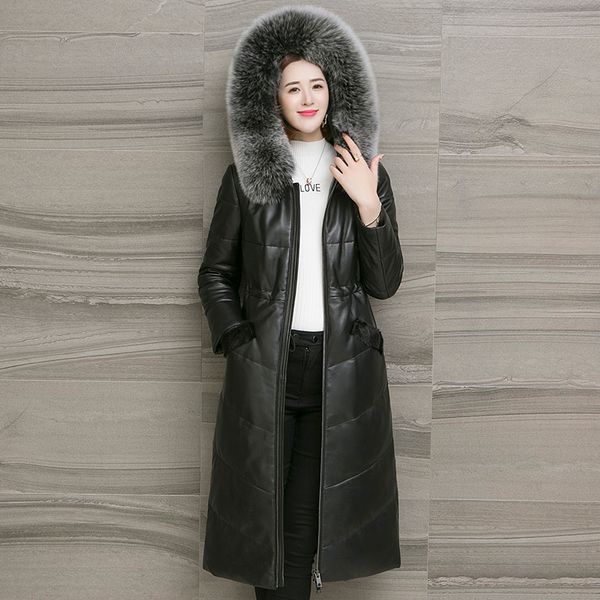 

new genuine sheepskin leather jacket real fur collar hooded long coat women clothes winter down jackets veste femme z1091, Black
