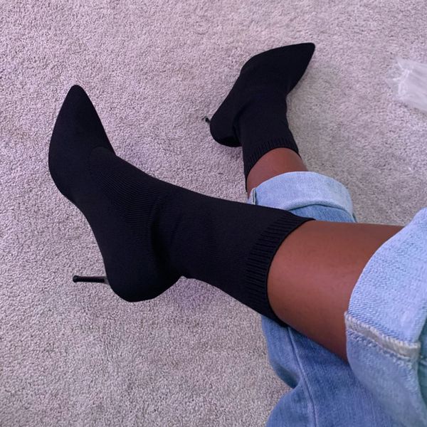 

2020 autumn luxury women beige sock boots exotic dancer high heels stiletto boots winter fashion stretch fabric boots plus size, Black