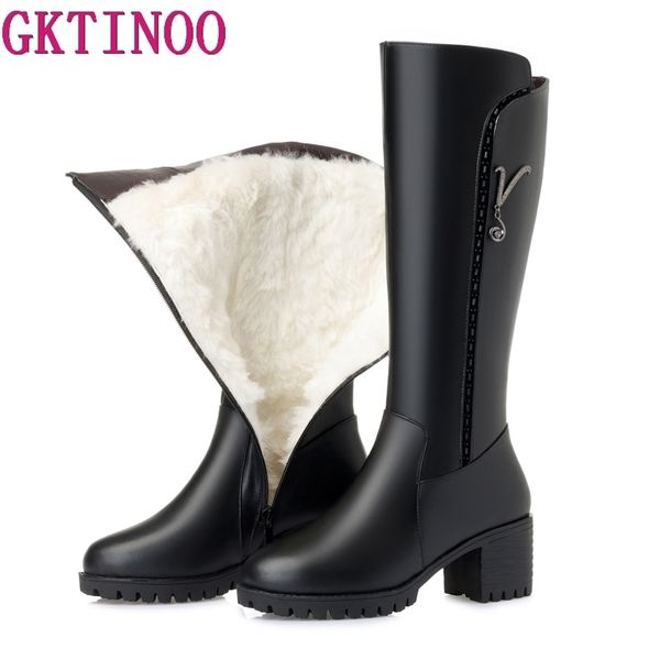 

gktinoo women winter shoes genuine leather women snow boots high heels warmful natural wool shoes knee high boots big size, Black