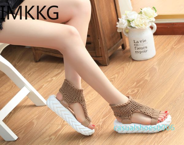 

summer causal med heels sandals women knitting wool peep toe ladies platform shoes solid comfortable fashion wedge sandals c06, Black