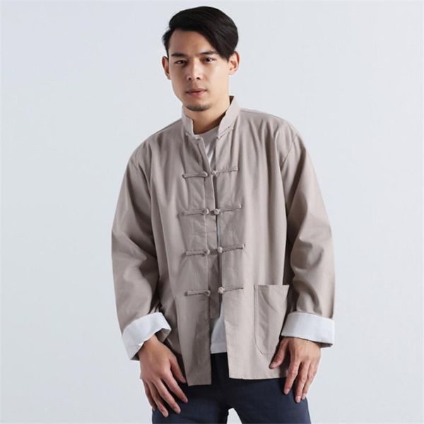 

waggie's walker 2020 summer new stand collar solid color chinese single breasted linen men's long sleeve casual loose shirts, White;black