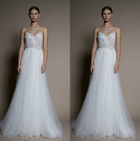 

2019 wedding dresses spaghetti appliques a line beaded illusion bodice sweep train bohemian wedding dress vestido de novia, White