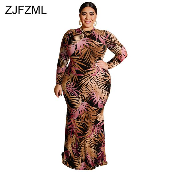 

leaves print long mermaid dress women long sleeve waist band cut out plus size dress causal o neck maxi bodycon dresses, Black;pink