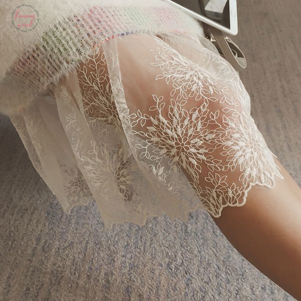 

summer mori girl lace tulle pleated skirt women solid lace mesh elastic waist embroidery hollow kawaii solid slim princess skirt k050, Black