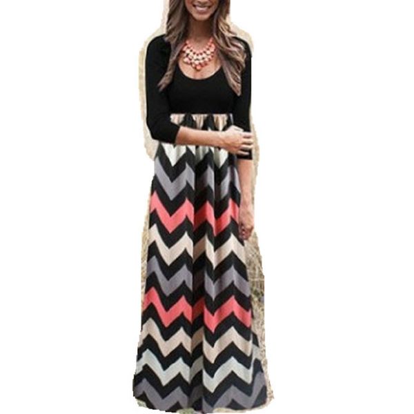 

women dresses fashion printed loose stripe spliced dress round collar long sleeve party female vestidos, Black;gray
