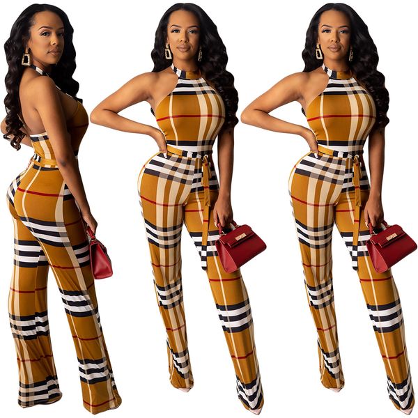 

yy5137 european and american women's wholesale plaid print halter halter jumpsuit independent sale, Black;white