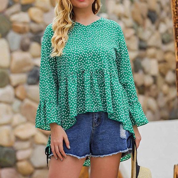 

blouse women fashion womens casual loose wild round neck flare sleeve floral green shirt blusas mujer de moda 2020top, White