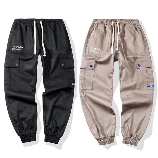 

loose cargo pants men summer solid casual pants mutil pocket trousers men streetwear drawstring long pantalones hombre, Black