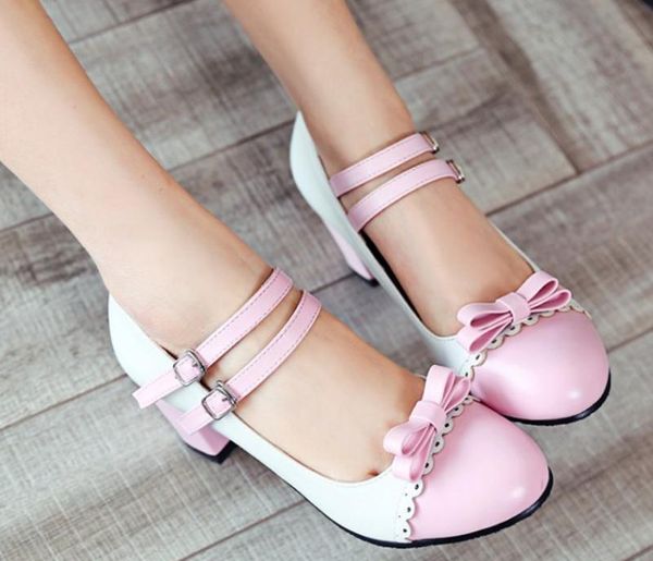 

2019 bowknot women's shoes in spring and autumn with new style high heel coarse heel blue patchwork, Black