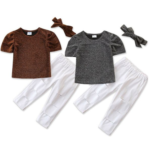 

fashion toddler kid baby girl outfits clothes short sleeve t-shirt +hole ripped pants +headband summer 3pcs set, White