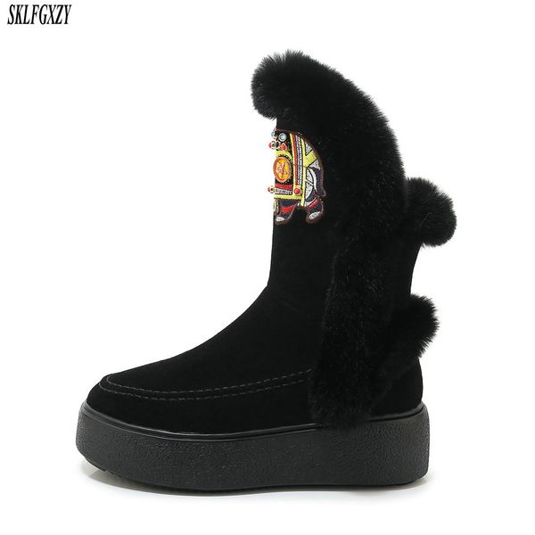 

sklfgxzy genuine leather snow boots flat platform winter warm women ankle boots 100% real fur femal shoes black gray size 34-39