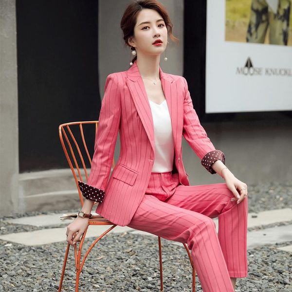 

women's suits & blazers women pant suit 2021 s-4xl green gray pink stripe slim work wear long sleeve one button blazer coat and 2 piece, White;black