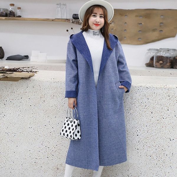 

increase long loose plus size woolen coat fashion winter jacket women hooded blue fat sister imitation cashmere coat female l235, Black