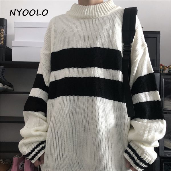 

nyoolo harajuku vintage streetwear letters embroidery loose striped sweaters autumn long sleeve knitted pullovers sweaters women men, White;black