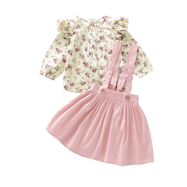 

kids girl clothing spring fall two piece sets long sleeve flower print shirt and skirt girl lolita clothing sets, White