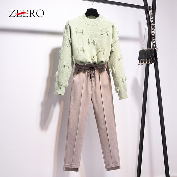

autumn women outfits 2 piece set loose knitted tassel sweater pullover + lace up elastic slim pant suit winter tracksuit sets, White
