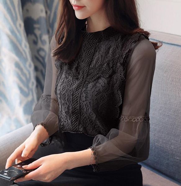 

new spring women's lace blouse puff sleeve lace elegant shrt lady's casual ol shirt blouses c4197, White
