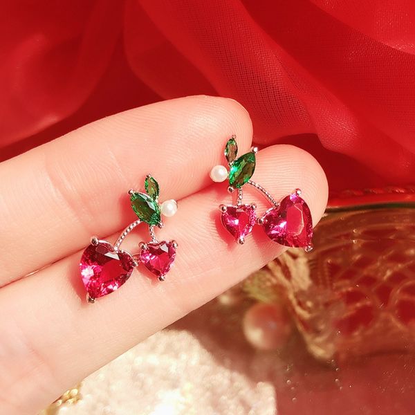 

mengjiqiao fashion cute eart cherry crystal drop earrings for women students elegant pearl holiday pendientes mujer moda jewelry, Silver