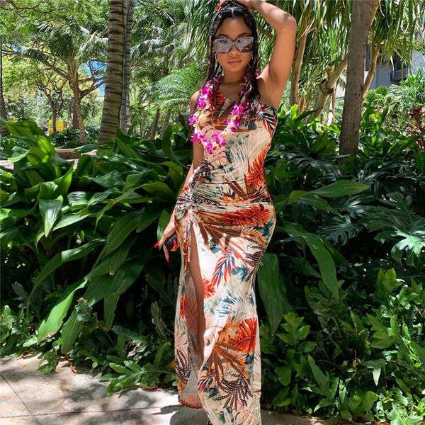 

summer floral print female dress fashion designer crew neck ladies dresses casual panelled slim women clothing with split, Black;gray