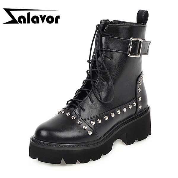 

zalavor women ankle boots metal buckle rivets gothic winter shoes women fashion lace up casual platform footwear size 33-43, Black