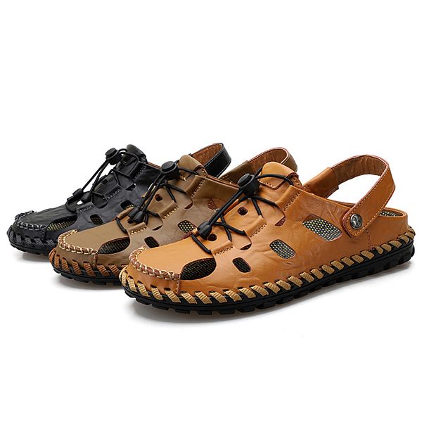 

buckle genuine leather mens casual walking shoes summer men beach sandals outdoor cassic handmade male footwear sneaker 38-48, Black