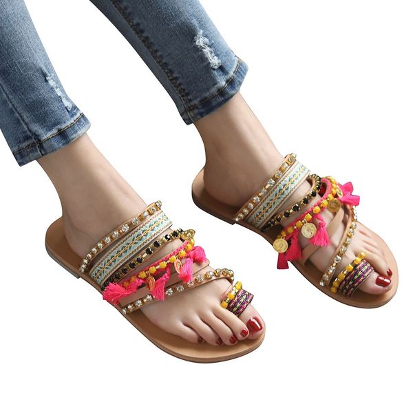 

youyedian bohemian ethnic style flat shoes woman summer female sandals rhinestone sandals beach slipper zapatillas mujer 2019#y3, Black