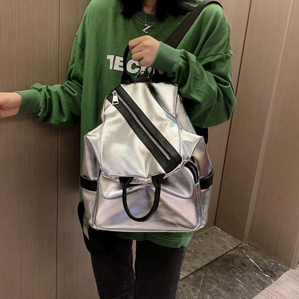 

2020 new large-capacity backpack casual bright silver multifunctional contrast color school bag