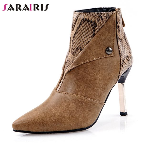 

sarairis new fashion plus size 32-48 high heels ankle boots woman shoes women pointed toe casual party office boots female, Black