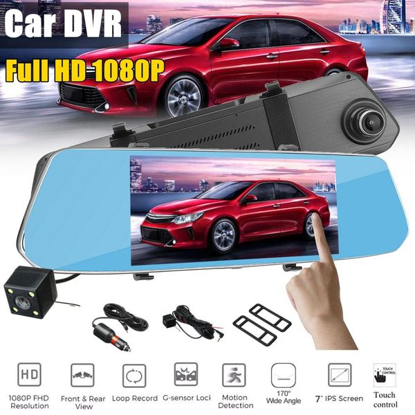 

renoster 7 inch touch screen 1080p video recorder dual lens stream rearview mirror car dvr camera dashcam g-sensor night vision