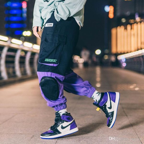

hip hip multiple pockets men cargo pants fashion designer sweatpants streetwear harem pant panelled colors casual joggers trousers, Black