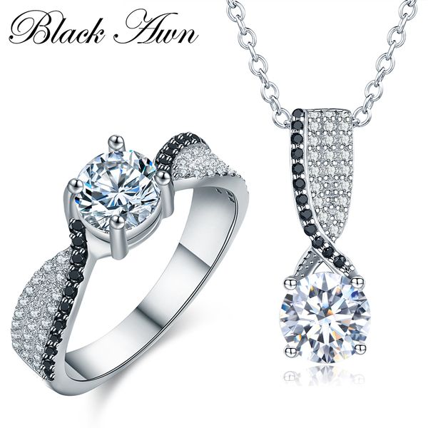 

black awn] 925 sterling silver fine jewelry sets trendy engagement sets ring+necklace for women pr013