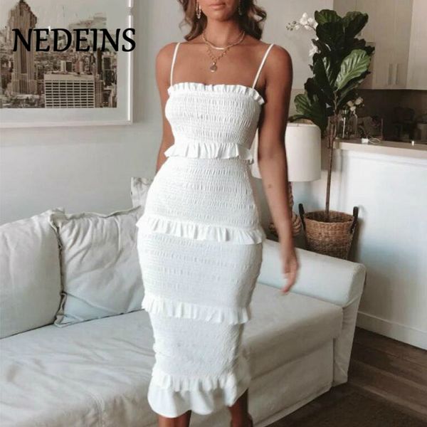 

nedeins summer fashion sling long dress women 2020 casual party dress female ruffles vestidos plus size natural solid, Black;gray