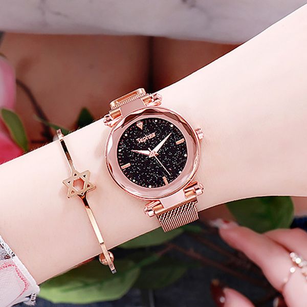 

простые часы женщины звездное небо магнитные часы розовое золото кристалл женские кварцевые наручные часы водонепроницаемый, Slivery;brown