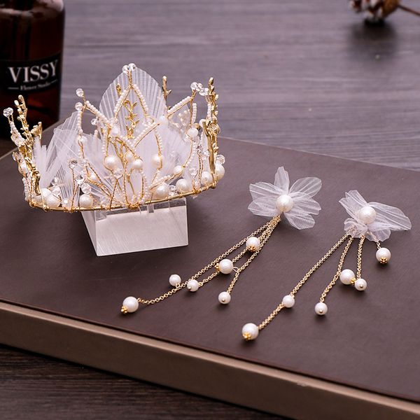 

forseven new fashion yarn flowers simulated pearl round diadem princess tiara crown earring bridal wedding hair jewelry set, Slivery;golden