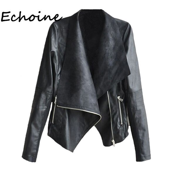 

echoine casual autumn and winter irregular jackets femme outwear coats pu leather long sleeve turn down collar coat 3 color, Black;brown