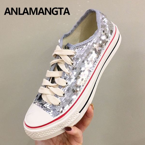 

women's shoes sequins lace up shoes canvas students spring autumn casual flats bling bling fashion, Black