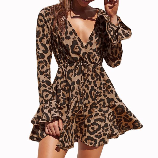 

chiffon women's dress 2019 robe leopard print long sleeve mini skirt deep beach party dress women's dress, Black;gray