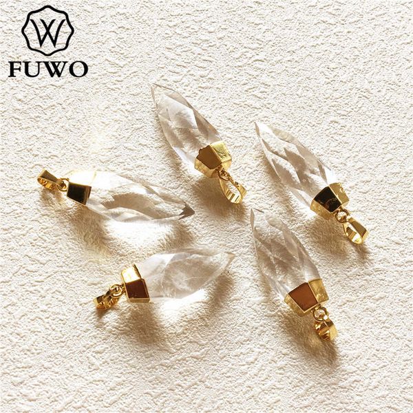 

fuwo carved crystal quartz point pendant 24k gold electroplated natural semi-precious stone jewelry accessories wholesale pd136, Silver